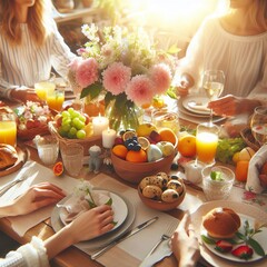 Close-up of a family gathering around a sunlit Easter brunch table adorned with fresh flowers and...