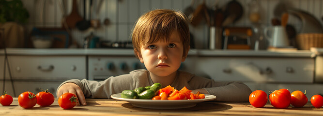 Cute little boy refusing to eat vegetables salad at table healthy eating habits concept