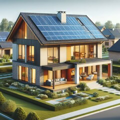 New house with a photovoltaic system on the roof. Modern eco-friendly passive house with landscaped yard