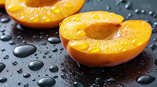 Pitless peach halves on the table.