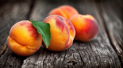 Fototapeta na wymiar Peaches with a leaf on a wooden table.