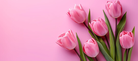 Obraz premium Pink tulips on a pink background with space for writing