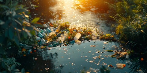 Fototapeta na wymiar Plastic trash floating on the river at sunrise. Pollution concept.