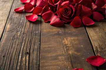 Romantic rose petals. Red petals on wooden background, perfect for Valentine's Day. Copy space available.
