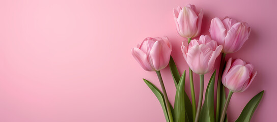 Pink tulips on a pink background with space for writing