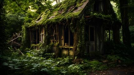 Fototapeta na wymiar Nature's Reclaim: A Decayed Building in an Overgrown, Neglected Area with Stagnant Pond