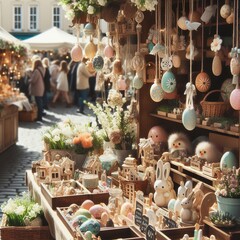 Close-up of a quaint Easter market bustling with vendors selling handcrafted decorations, artisanal treats, and springtime flowers Charming and bustling Perfect for Easter market scenes 