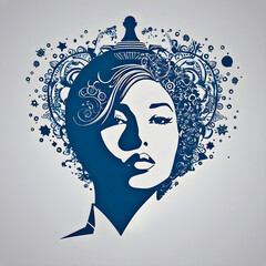illustrated portrait of a woman with fantastical hair/hairstyle - stylized stencil flat art, blue ink on pale gray background