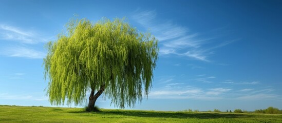 A willow tree stands majestically in a grassy field, surrounded by the vast expanse of a natural landscape under the wide open sky and fluffy clouds.