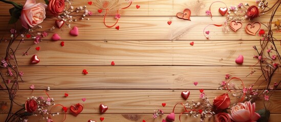 The wooden table is adorned with hearts and roses, creating a lovely display on the light wood...