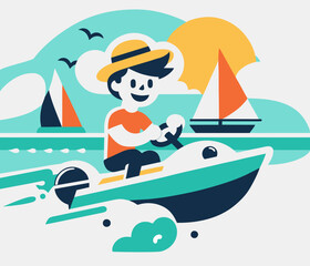 Man has fun riding motorboat on a warm summer day. Flat vector illustration