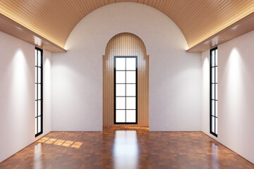 Contemporary style of mihrab of mosque. Design 3d rendering of brown wood veneer images. Design print for illustration, islamic greeting, interior, cover, ramadan, background. Set 28