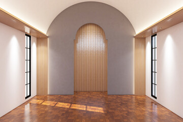 Contemporary style of mihrab of mosque. Design 3d rendering of brown wood veneer images. Design print for illustration, islamic greeting, interior, cover, ramadan, background. Set 32