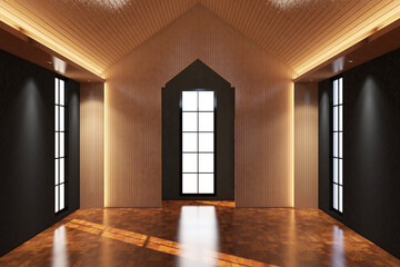 Contemporary style of mihrab of mosque. Design 3d rendering of brown wood veneer images. Design print for illustration, islamic greeting, interior, cover, ramadan, background. Set 38