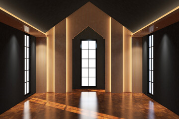 Contemporary style of mihrab of mosque. Design 3d rendering of brown wood veneer images. Design print for illustration, islamic greeting, interior, cover, ramadan, background. Set 40