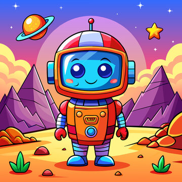Chibi robot on Mars and in space, Chibi robot, chibi space, Generative AI.