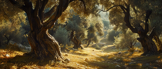 Ancient trees of natural olives, ultra wide perspective, at sunset in the countryside