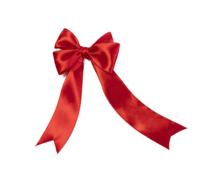 Beautiful red ribbon tied in bow isolated on white. top view