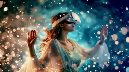 Elegant woman with flowing hair explores a digital universe, wearing a futuristic VR headset and a shimmering gown, surrounded by a mesmerizing bokeh of lights.