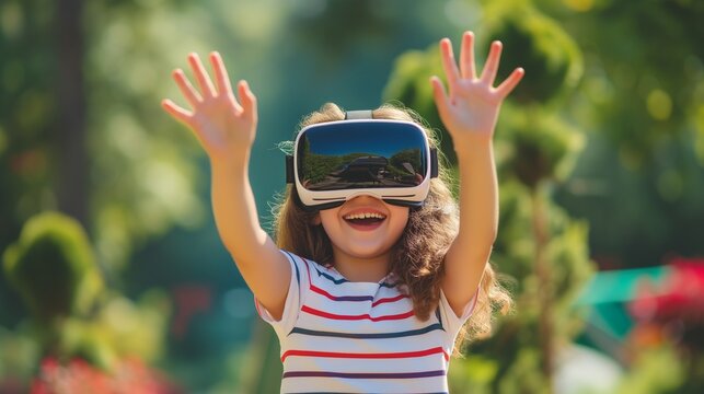 Delighted girl with hands up in the air, wearing a VR headset, is having a blast exploring a virtual world, with a sunny garden as the backdrop, mixing playtime with cutting-edge technology.