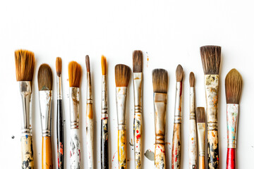 Assorted Used Paint Brushes on White Background