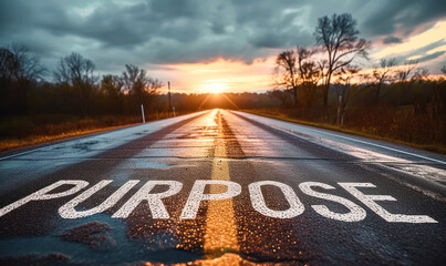 The word PURPOSE written on an open asphalt road amidst a vast landscape, invoking a sense of direction, goal setting, and journey towards a meaningful destination