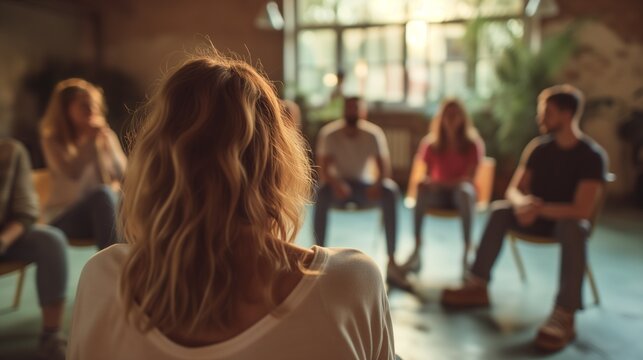 Back view of a blonde woman in a group therapy session, participating in a supportive circle with diverse individuals in a warm, comfortable room with natural light.