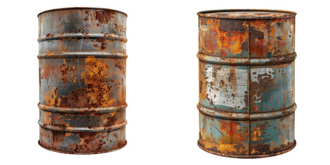Fototapeta premium Old Rusty Steel Oil Barrel Set Isolated on Transparent or White Background, PNG