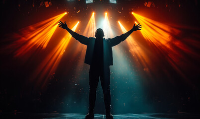 Silhouette of a Man with Arms Raised in Triumph Under Spotlight with Rays of Light, Signifying Success, Achievement, and Powerful Stage Presence