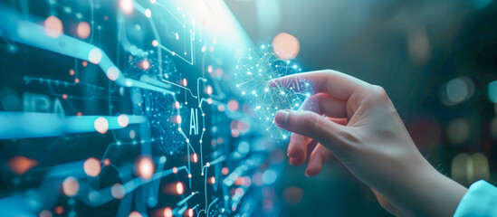 Hand holding an AI cluster of data cell particles connected together through tiny transmitter strands