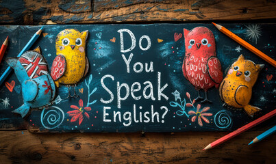 Vintage chalkboard with Do You Speak English? question, British flag, and pencils on rustic wooden backdrop, representing language learning and cultural communication - obrazy, fototapety, plakaty