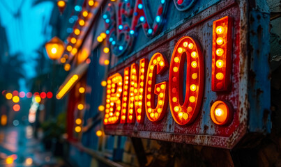 BINGO! sign, embodying the thrill of winning, set against a vibrant, multicolored bokeh city backdrop