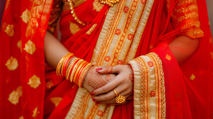 Close-up of traditional Indian bridal attire and jewelry. Elegant, ornate, wedding style. Symbolizes Indian wedding customs and fashion. For bridal, fashion design, banner with copy space for text