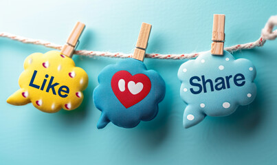 Engagement concept with Like & Share speech bubbles pinned on a string against a soft blue background, representing social media interaction and online community engagement