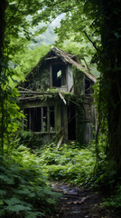 Fototapeta na wymiar Nature's Reclaim: A Decayed Building in an Overgrown, Neglected Area with Stagnant Pond