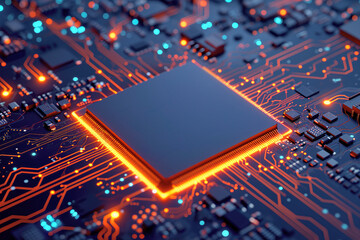 Fototapeta na wymiar Illuminated CPU on a Detailed Circuit Board