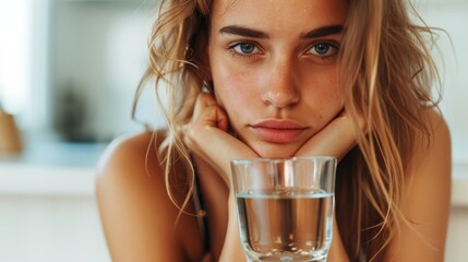 A weary blonde woman holds a glass of water, appearing tired, worried, and hungover, reflecting concerns and fatigue