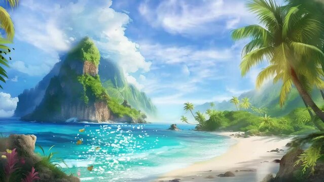 Sunny Shores: Palm Trees, Sea Breezes, and the Beauty of a Summer Beach. Cartoon or anime watercolor painting illustration style. seamless looping 4K time-lapse virtual video animation background