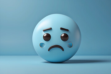 Sad emoji face on light blue background, 3D and High-quality render concept