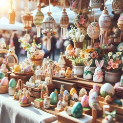 Close-up of a quaint Easter market bustling with vendors selling handcrafted decorations, artisanal...
