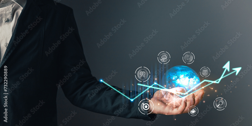 Poster a person holding global and graph stock to plan and target in business, the use of online digital ma