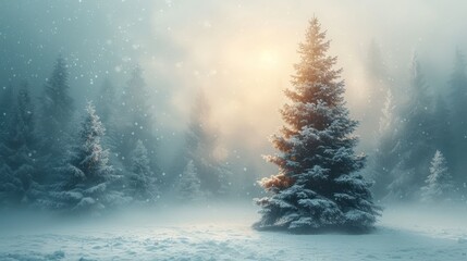  a snowy scene with a pine tree in the foreground and the sun shining through the clouds in the background, with snow on the ground and trees in the foreground.