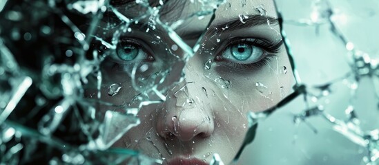 In the darkness, a woman's face with black hair is seen reflecting in a broken mirror, her jaw clenched and an electric blue eyelash glistening.