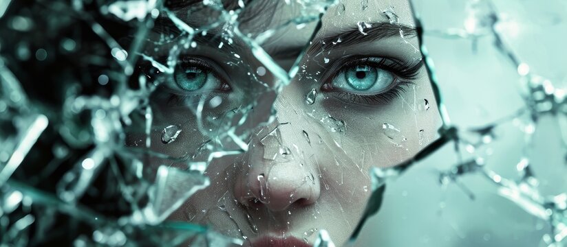 In the darkness, a woman's face with black hair is seen reflecting in a broken mirror, her jaw clenched and an electric blue eyelash glistening.