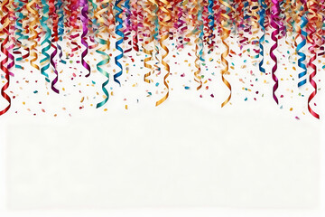 Colorful confetti and streamers isolated on white background for birthday party or New Year's festivities