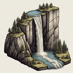 Waterfall over a mountain cliff and trees - drawing suitable for RPG game