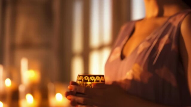 A masseuse about to begin a massage her hands hovering just above the persons back. The lighting is muted and candles are lit around