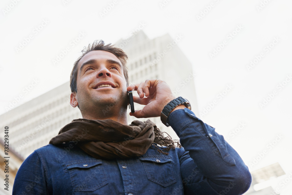 Poster city, phone call and man with smile, conversation and communication with network and happy. person, 