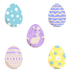 Set of Happy Easter eggs with different texture on a transparent background.Spring holiday for Happy Easter Day. Vector Illustration.Happy easter eggs