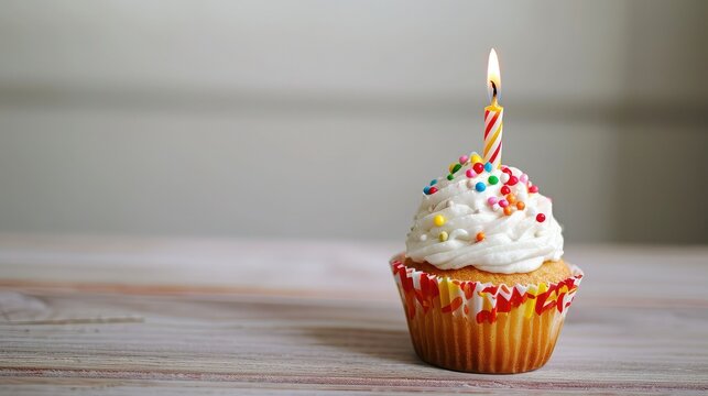 Birthday Cupcake and One Candle with Copy Space.